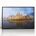 Large abstract wall art depicting a European cityscape in muted gray and blue tones on a framed acrylic print.