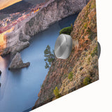 Large abstract wall art depicting a Croatian landscape in muted earth tones on acrylic glass, ideal for dining room ambiance.