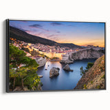 Black and white framed canvas featuring a vintage-style landscape of a Croatian scene, ideal for bedroom decor.