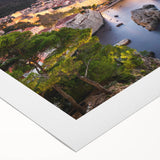 Art deco poster of a Croatian coastline on rolled canvas, featuring muted blue and beige tones, ideal for dining room decor.