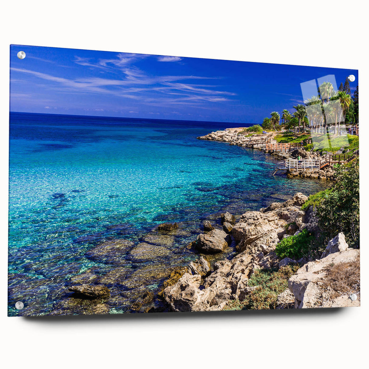 Acrylic print of a serene Cyprus landscape in muted earth tones, ideal for dining room decor.