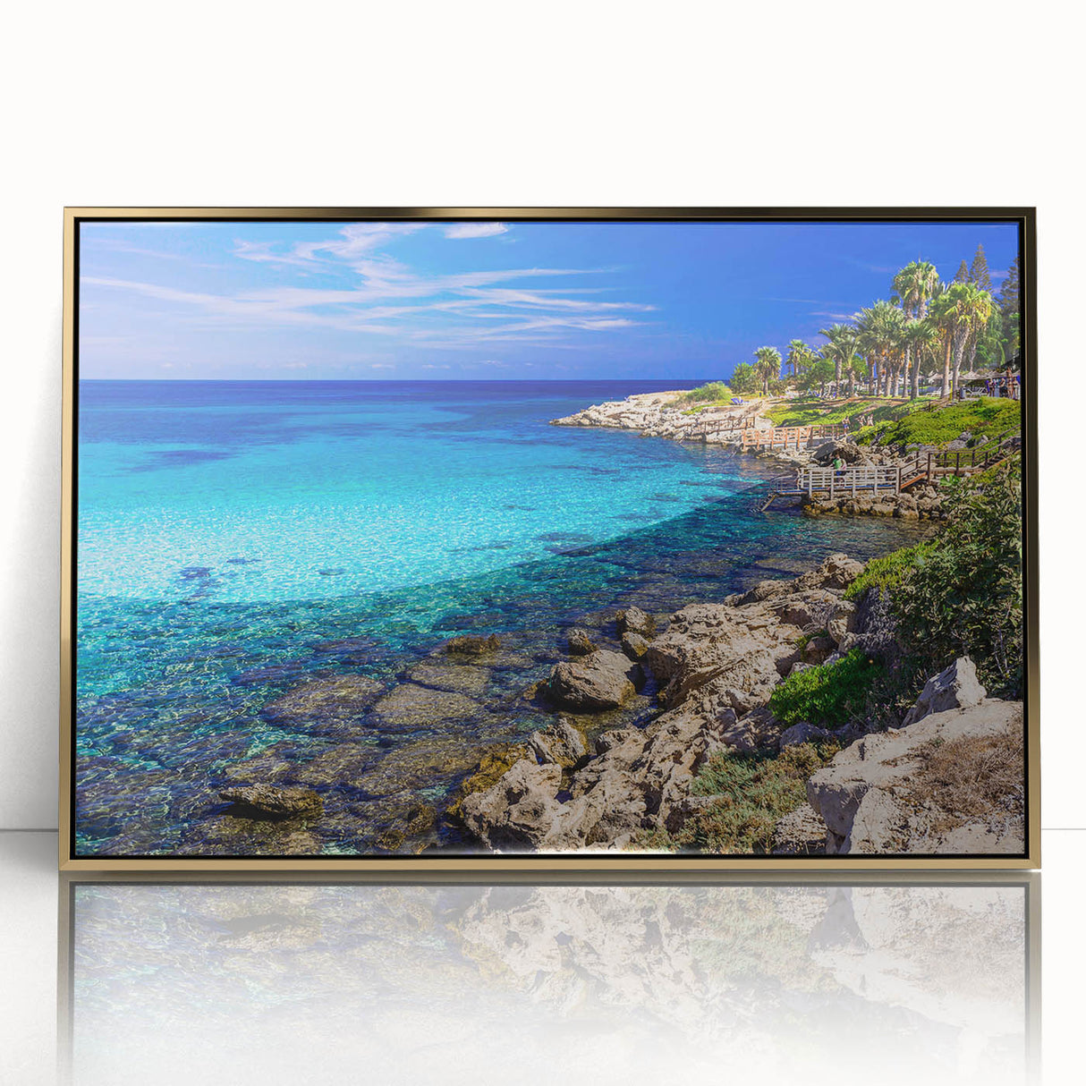 Acrylic print of a European Cyprus scenery in gold frame, featuring art deco style, suitable for modern art wall decor.