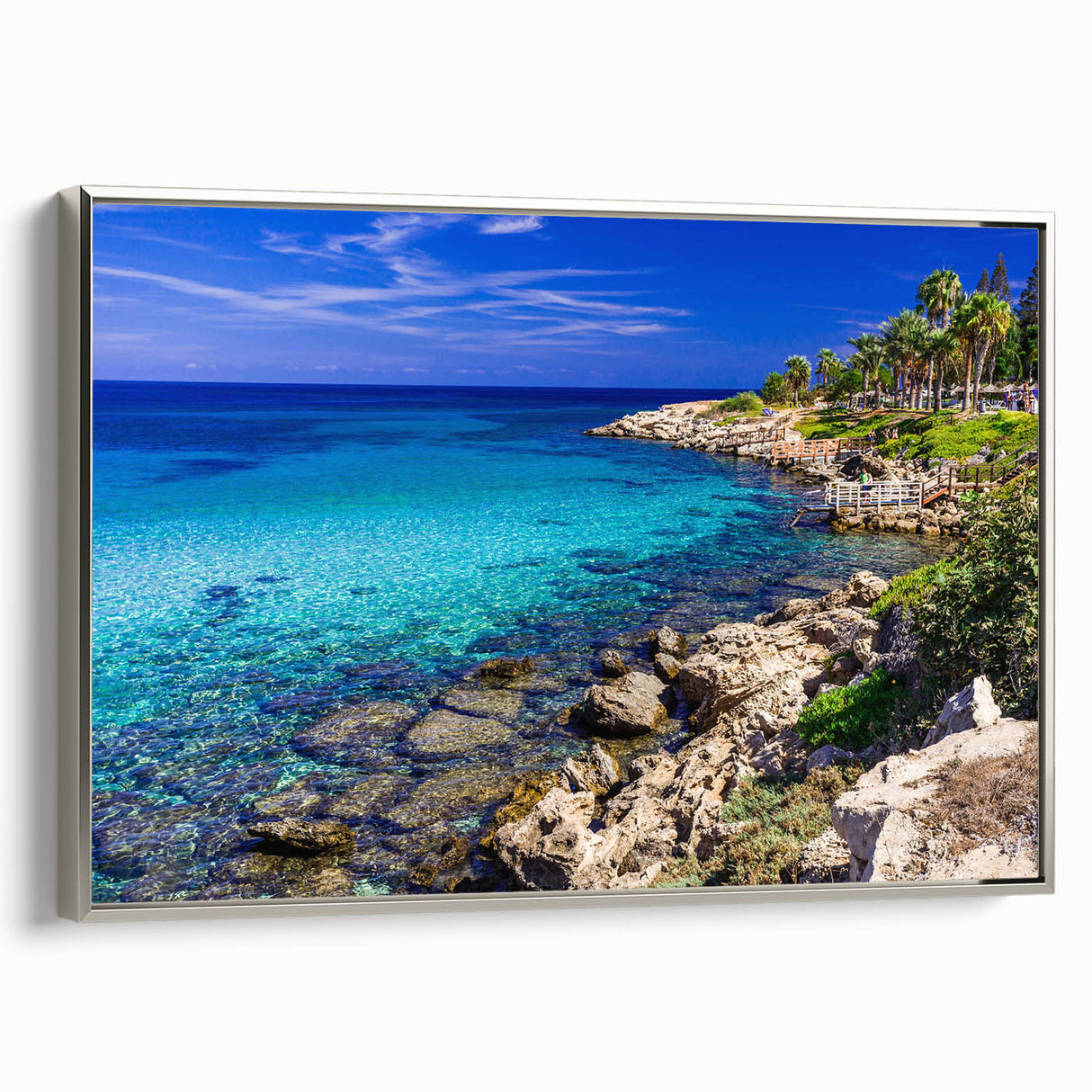 Framed canvas landscape art painting depicting a colorful European village scene, ideal for living room decor.