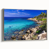 Framed canvas landscape art painting depicting a colorful European village scene, ideal for living room decor.