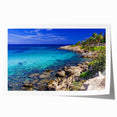 Rolled print of a European Cyprus landscape with vibrant green and blue tones, ideal for art wall dining room decor.