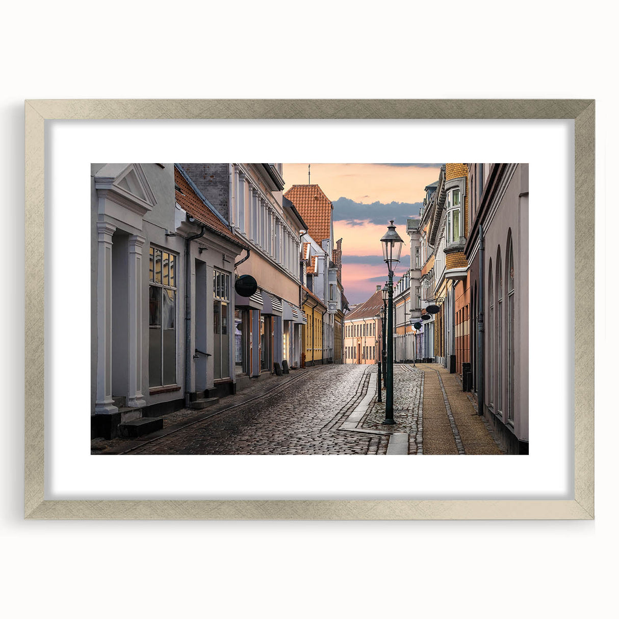 Extra large abstract art print of a textured European scenery in muted colors, framed in silver, ideal for living room decor.