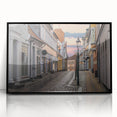Large abstract wall art depicting a minimalist European scenery in black and white tones on a framed acrylic.