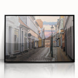 Large abstract wall art depicting a minimalist European scenery in black and white tones on a framed acrylic.