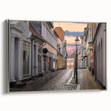 Framed canvas of a vintage-style landscape painting depicting a Danish coastal scene in muted blues and greens.