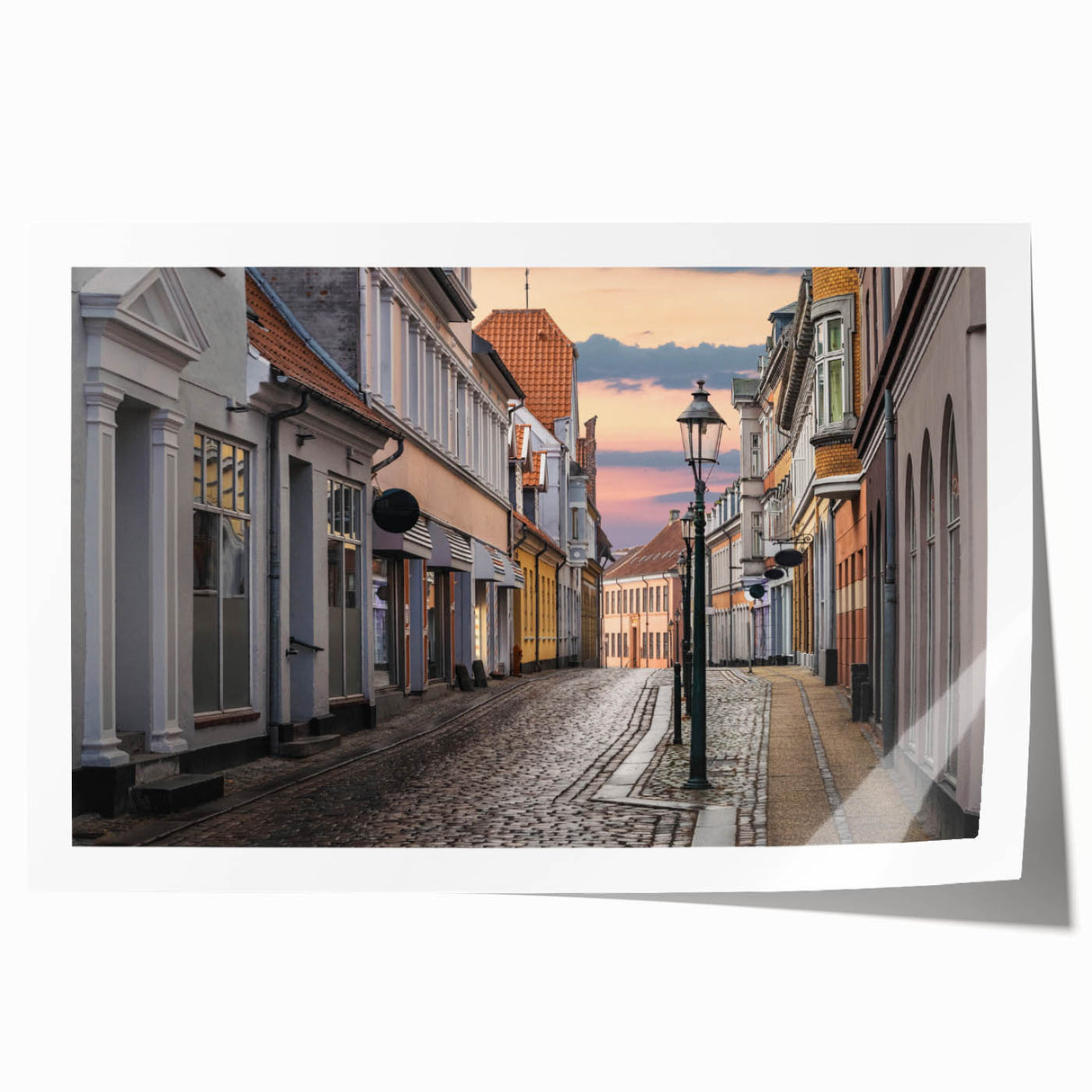 Scenic Denmark landscape on rolled canvas, featuring soft pastel colors, ideal for dining room wall art.