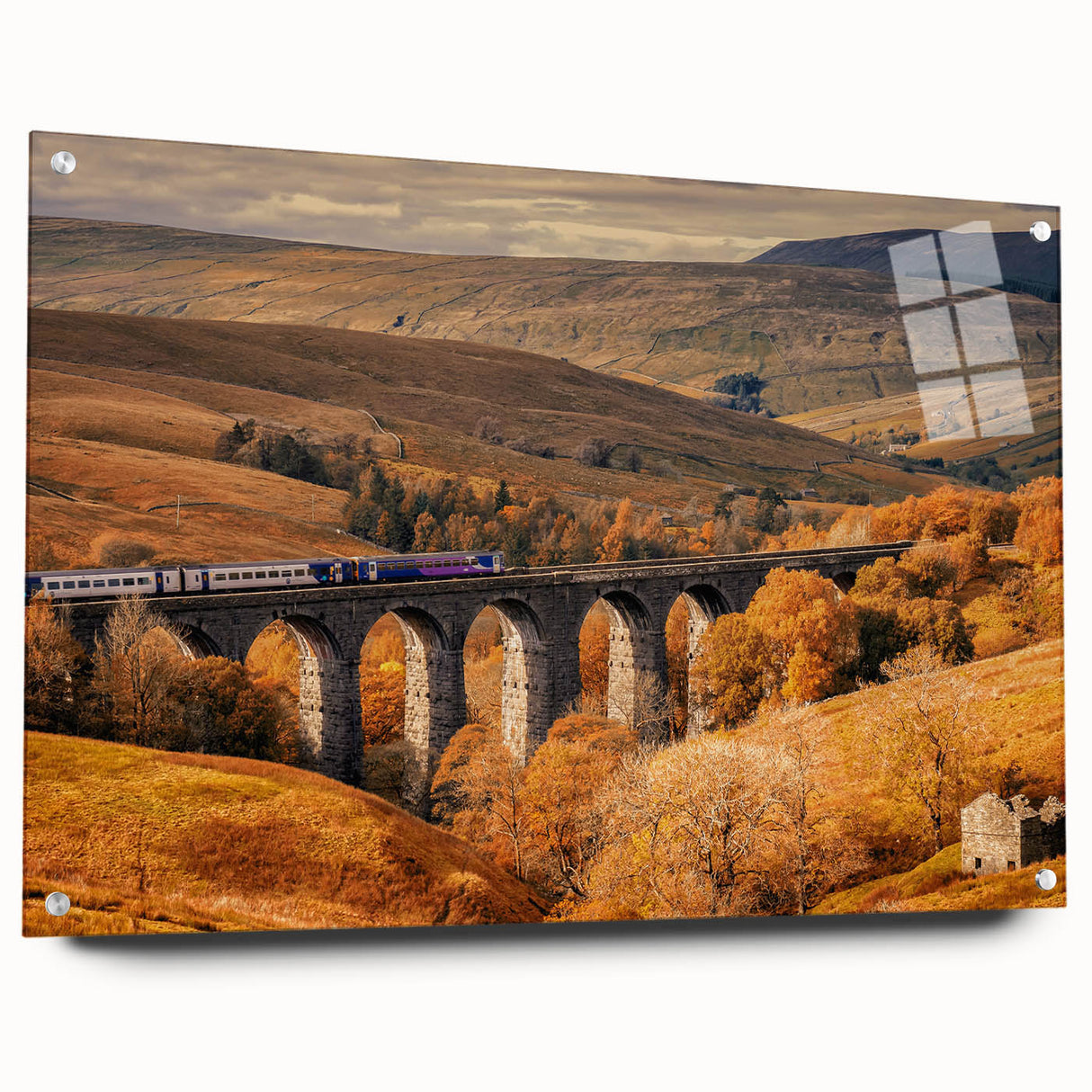 Acrylic print of Cumbria landscape with muted green and blue tones, ideal for dining room decor.