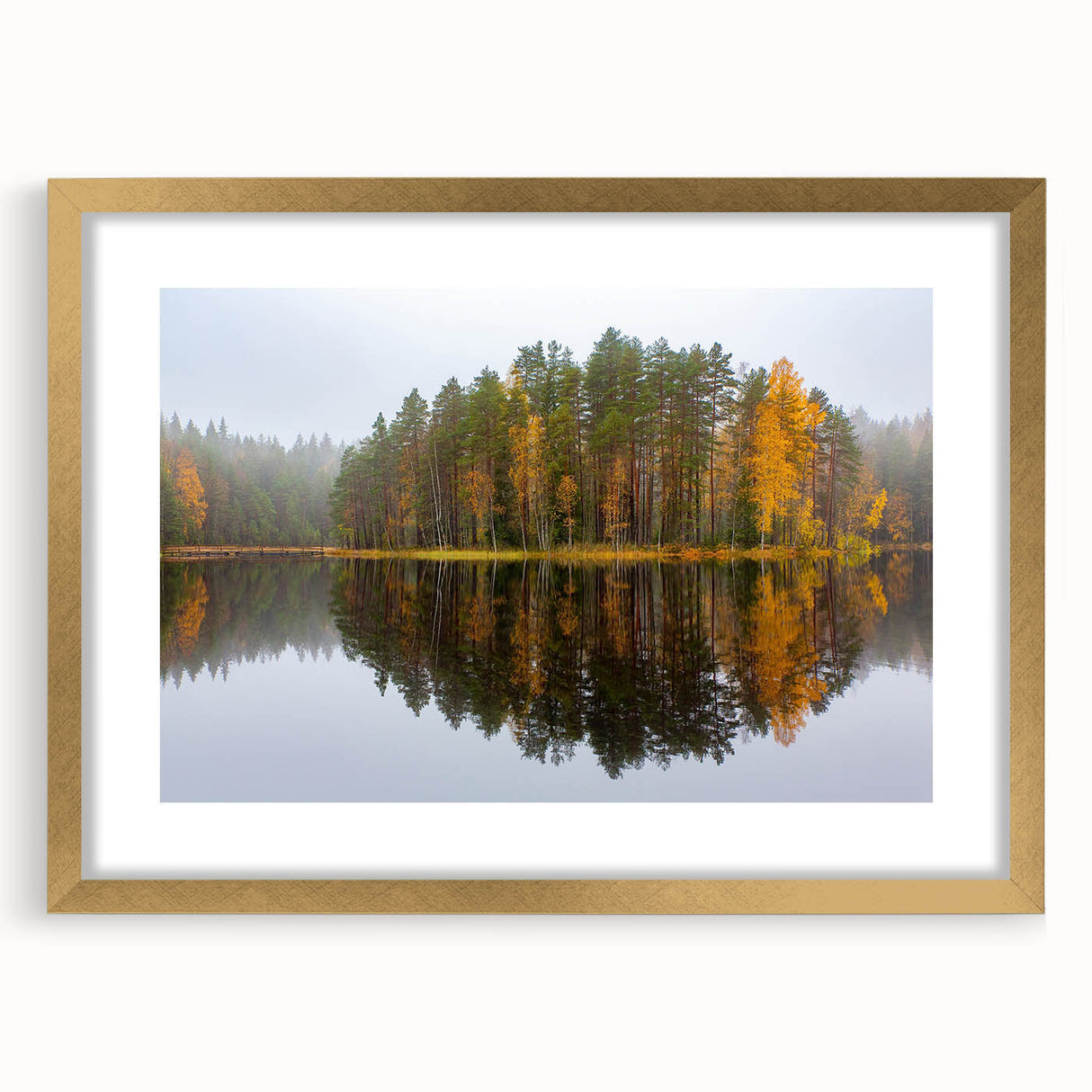 Abstract art print of a serene Finnish landscape in muted blue and gray tones on a framed gold canvas.