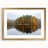 Abstract art print of a serene Finnish landscape in muted blue and gray tones on a framed gold canvas.