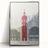 Large art print of Lyon, France in muted colors, framed in silver acrylic, suitable for modern art wall decor.