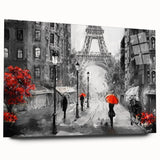 Acrylic print of a large abstract depiction of the Paris skyline in muted gray and blue tones.