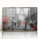 Art Deco poster of Paris scenery with gold acrylic frame, featuring muted pastel shades, ideal for modern art wall decor.