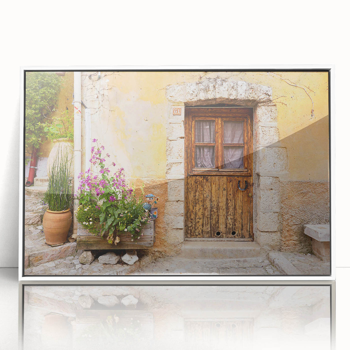 Mid-century modernist art depicting a serene Provence landscape in muted earth tones, framed acrylic print.