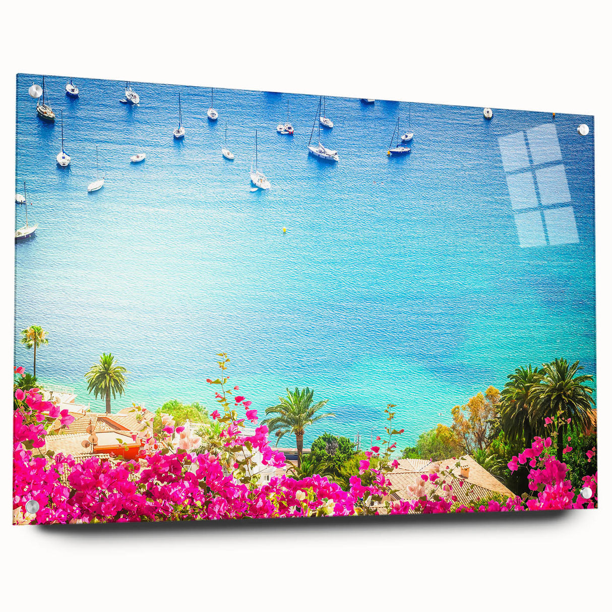 Large abstract wall art of a southern France scenery in muted earth tones on acrylic glass.