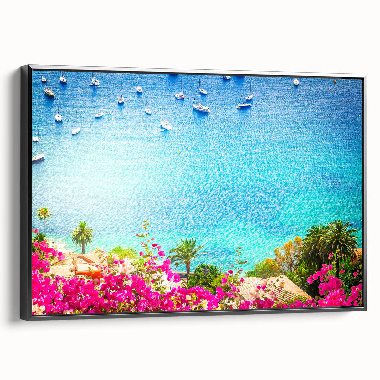 Black and white vintage poster art of a French landscape on framed canvas, suitable for bedroom decor.