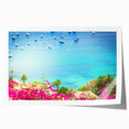 Extra large rolled print of a lush floral scene in vibrant greens and pinks.