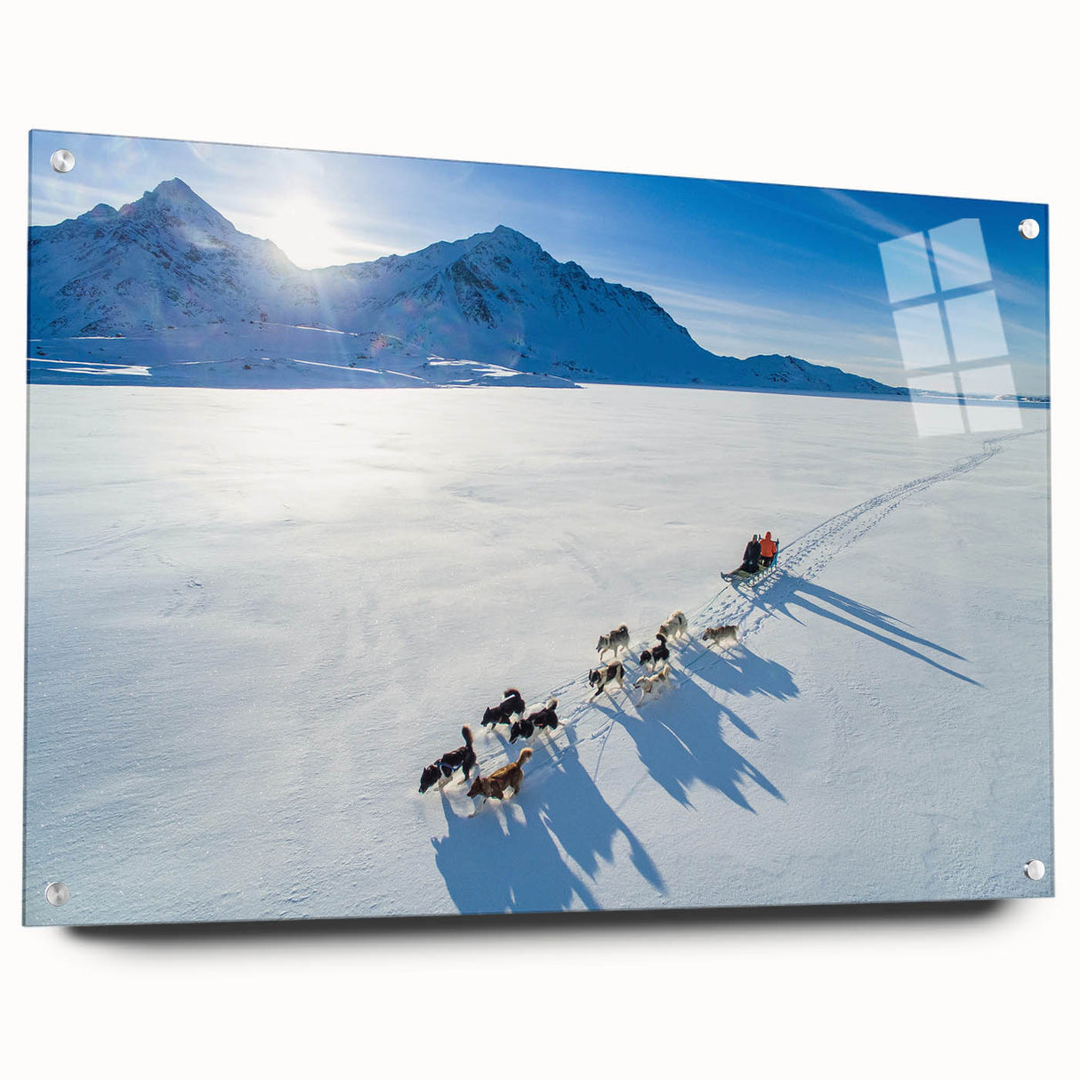 Acrylic print of a large abstract Greenland landscape in muted green and blue tones, ideal for dining room decor.