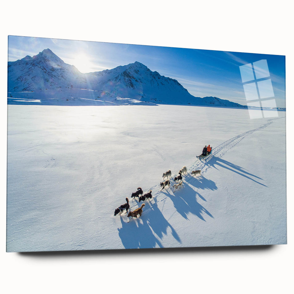 Acrylic glass print of a Greenland landscape in muted green and blue tones, ideal for bedroom or dining room art.