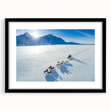 Extra large abstract art print featuring a textured, colorful Greenland scenery in a black frame with mat.