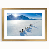 Abstract art print of a Greenland landscape in muted green and blue tones, framed in gold, ideal for dining room decor.