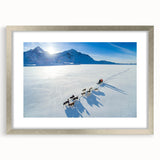 Extra large abstract art print of a Greenland landscape in muted green and blue tones on a silver-framed canvas.