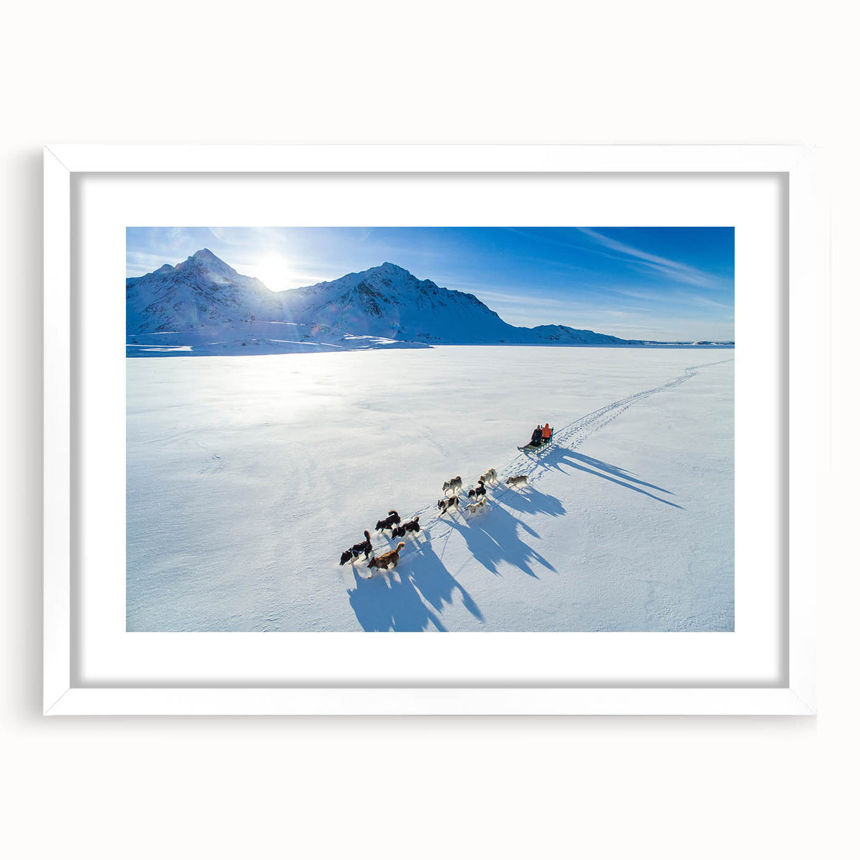 Textured abstract art print featuring a scenic Greenland landscape in muted green and blue tones, framed with a white mat.