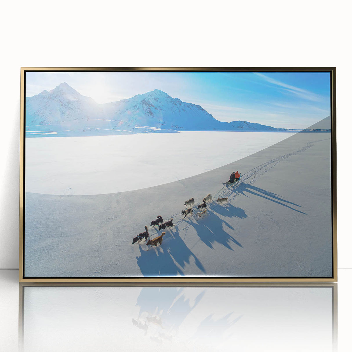 Art deco poster featuring a serene Greenland landscape in muted green hues, framed in acrylic with a gold finish.