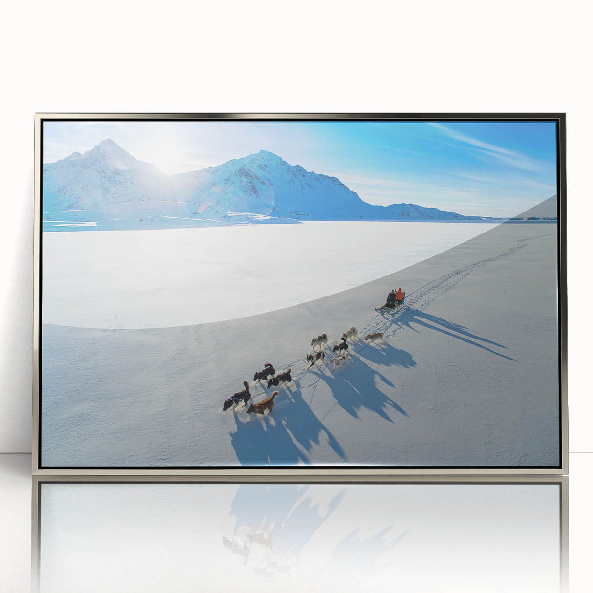 Large acrylic print of a Greenland landscape in muted green and blue tones, framed in silver.