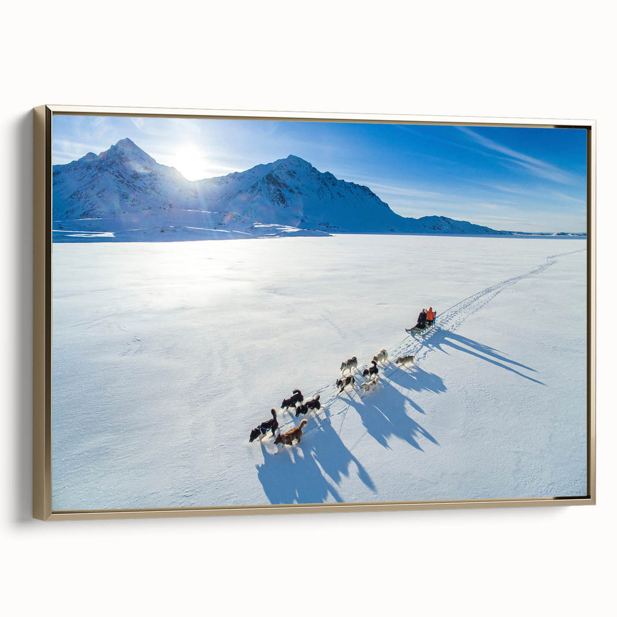 Landscape painting of Greenland on framed canvas, featuring muted green and black tones, suitable for bedroom wall art.