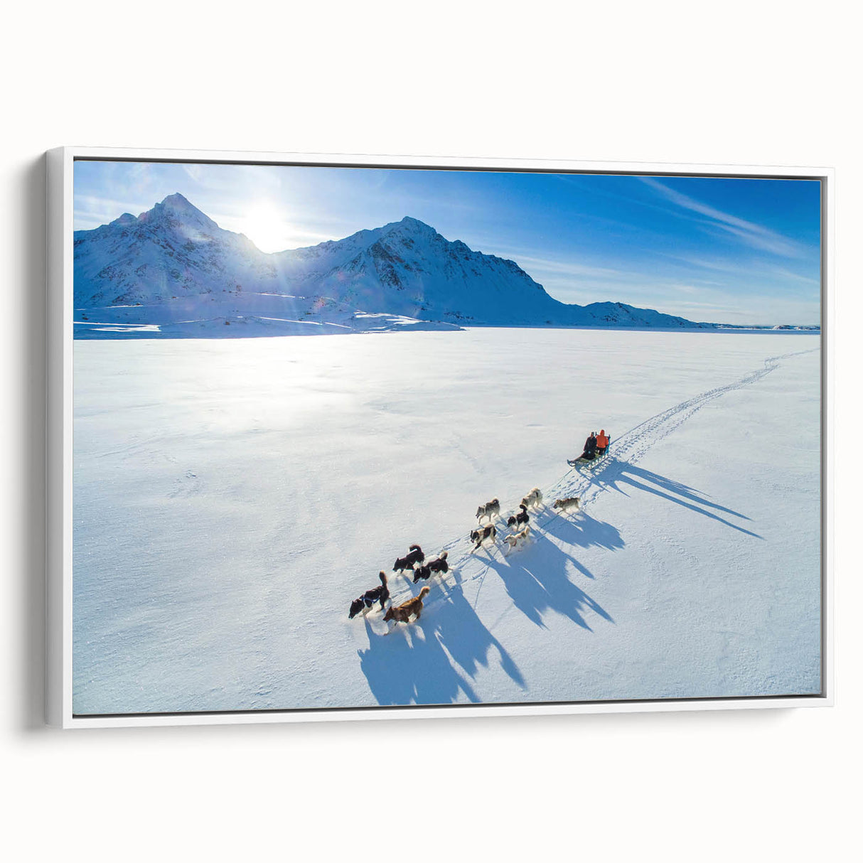 Vintage poster art of a Greenland landscape on framed canvas, featuring green and white tones, ideal for living room decor.