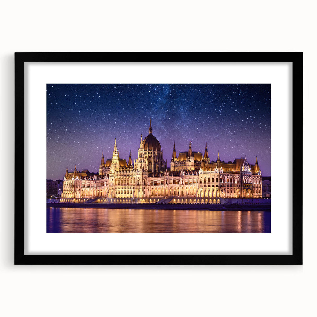 Abstract art print of European scenery in vibrant colors on a textured, extra-large canvas, framed in black.