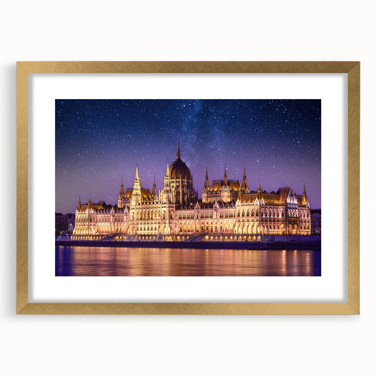 Abstract art print of a European cityscape in gold frame with mat, in muted earth tones, ideal for dining room decor.