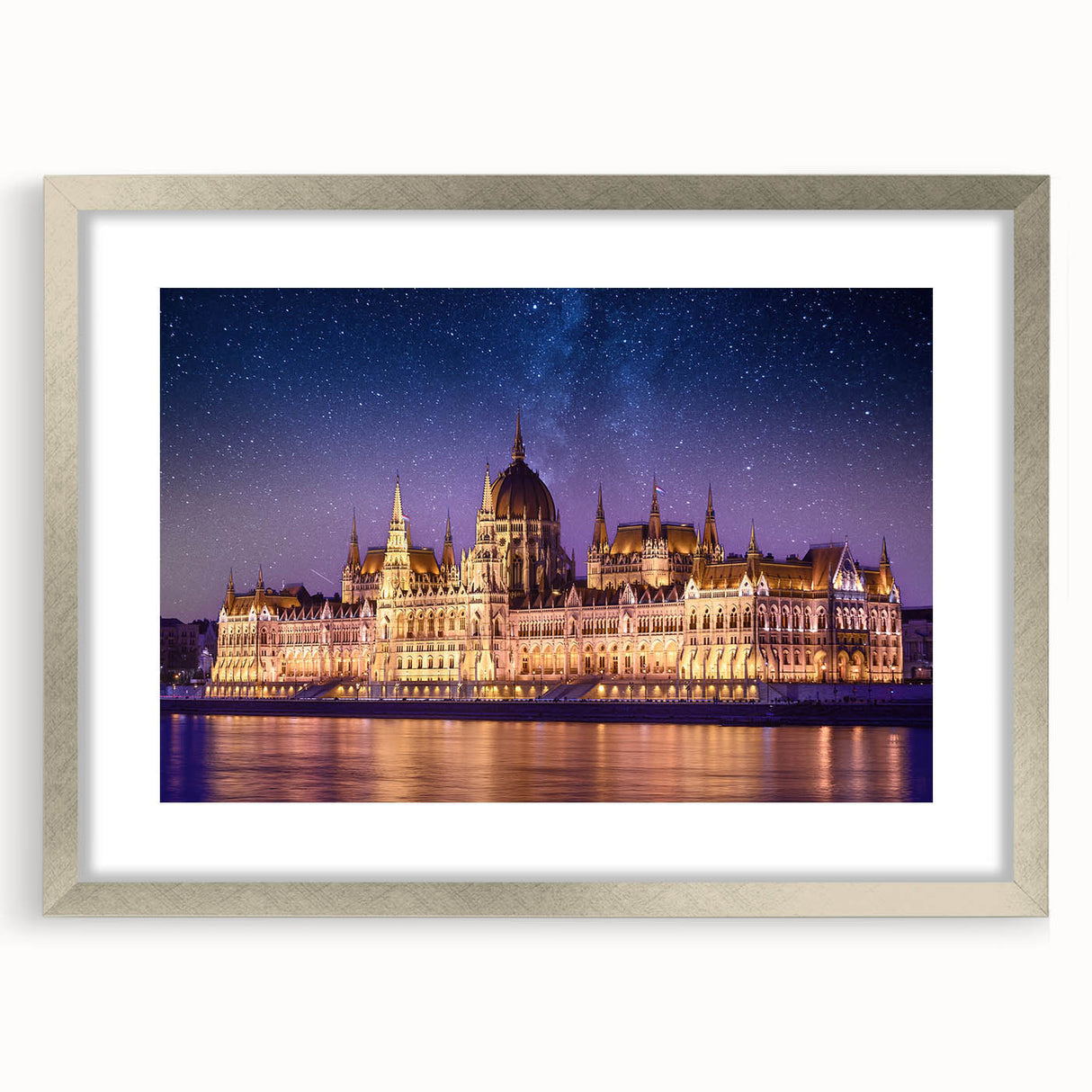 Extra large abstract art print of a textured European scenery in muted earth tones, framed in silver.