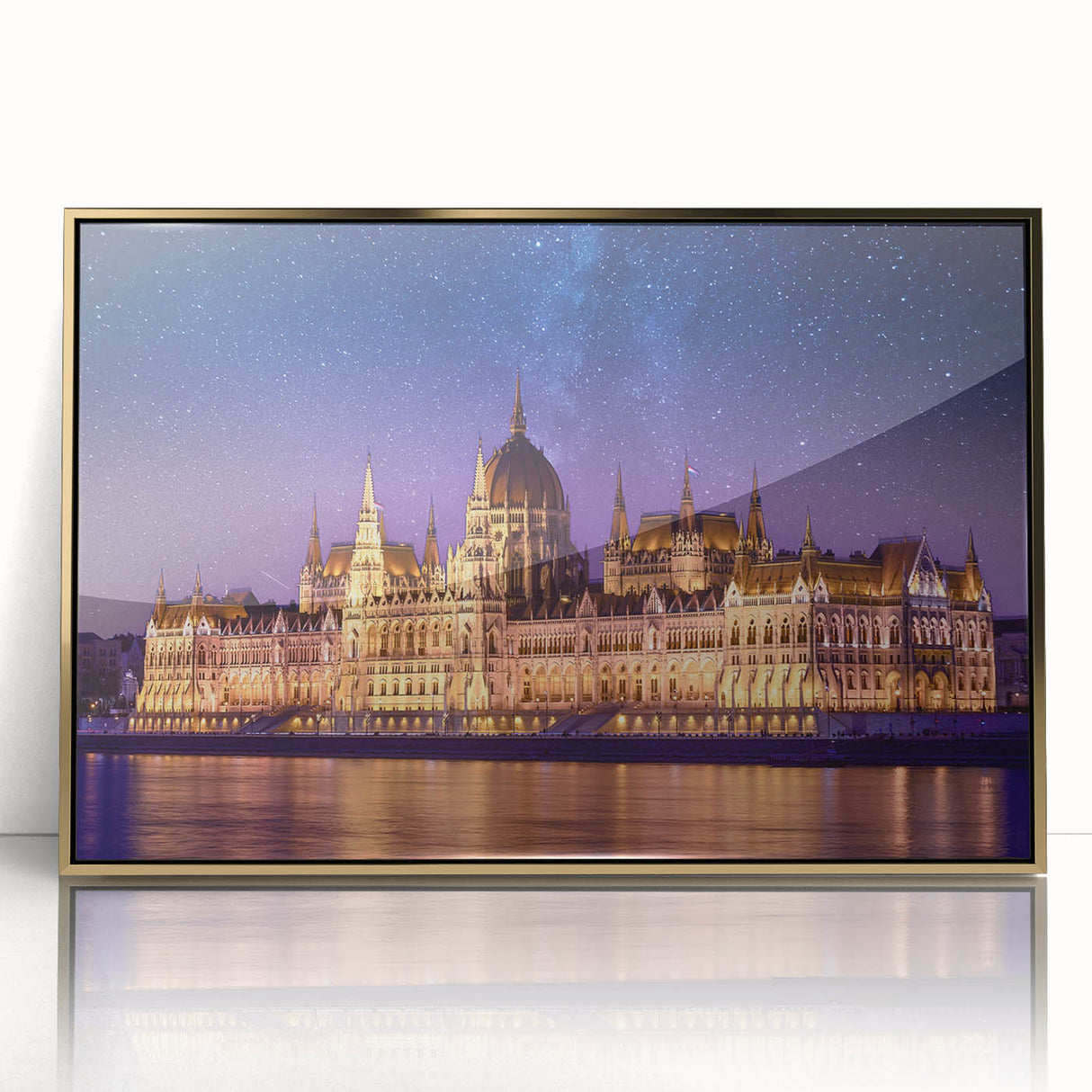 Art deco poster of a European scenery in Hungary, framed in gold acrylic, suitable for modern art wall decor or nursery.