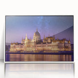 Mid-century modernist art depicting a European Hungarian landscape on a framed acrylic print, featuring muted earth tones.