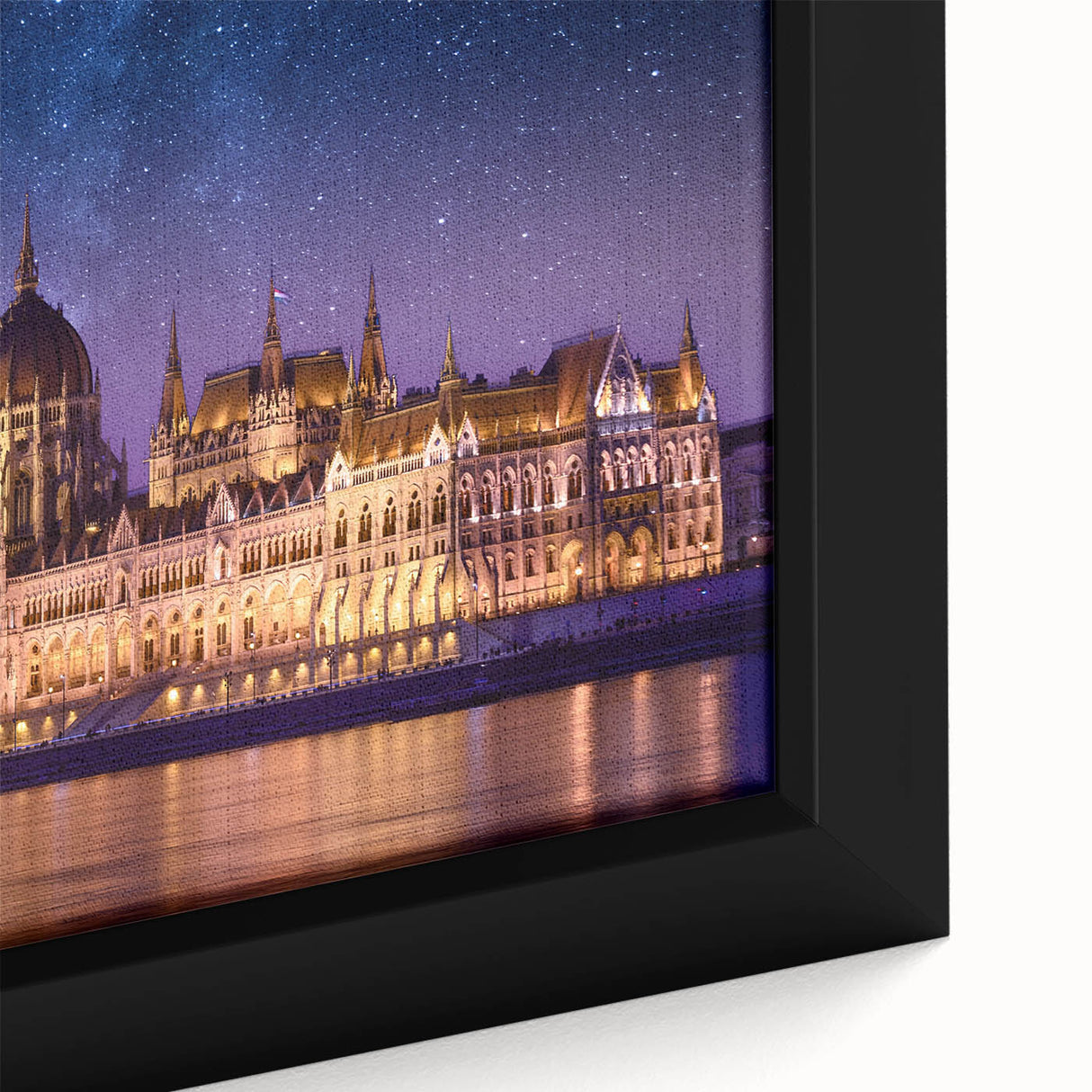 Close-up of extra large black wall art featuring a colorful, textured Hungarian landscape on framed canvas.