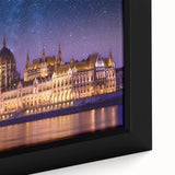 Close-up of extra large black wall art featuring a colorful, textured Hungarian landscape on framed canvas.