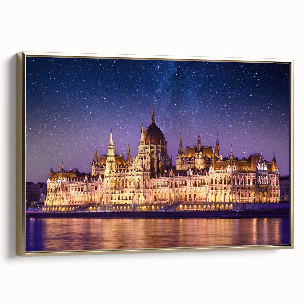 Framed canvas of a vintage-style landscape painting depicting a serene European scenery, ideal for bedroom wall art.