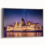 Framed canvas of a vintage-style landscape painting depicting a serene European scenery, ideal for bedroom wall art.