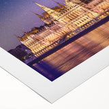 Art deco poster featuring a vibrant European cityscape on rolled canvas, suitable for dining room decor.