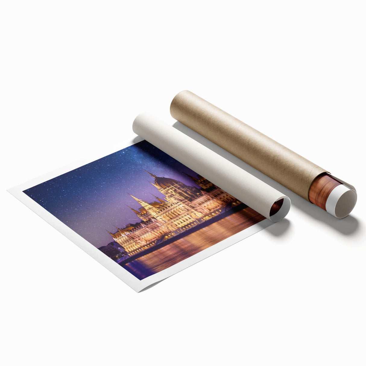 Extra large rolled print of a Hungarian landscape, featuring soft floral elements in muted green and brown.