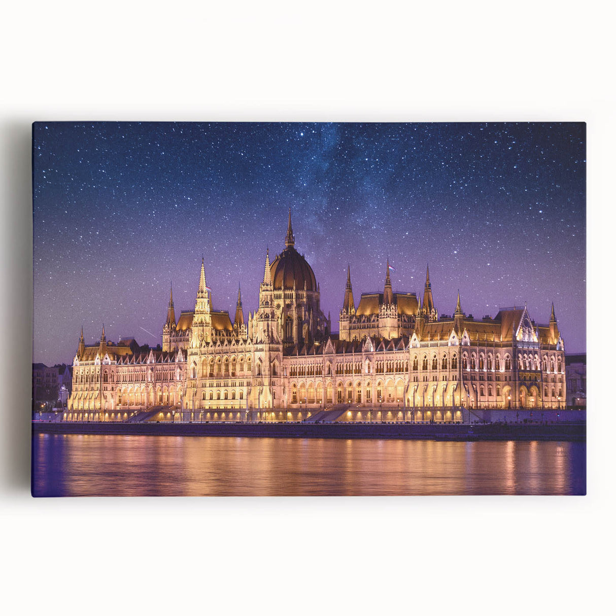 Black and white photograph of a European cityscape on stretched canvas, ideal for kitchen wall art.