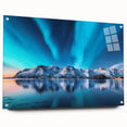 Acrylic print of a serene Icelandic landscape in muted blue and green tones, ideal for bedroom or dining room decor.