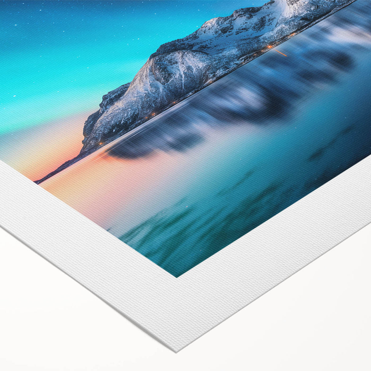 Art deco poster featuring a serene Icelandic landscape in muted blue and green tones on rolled canvas.