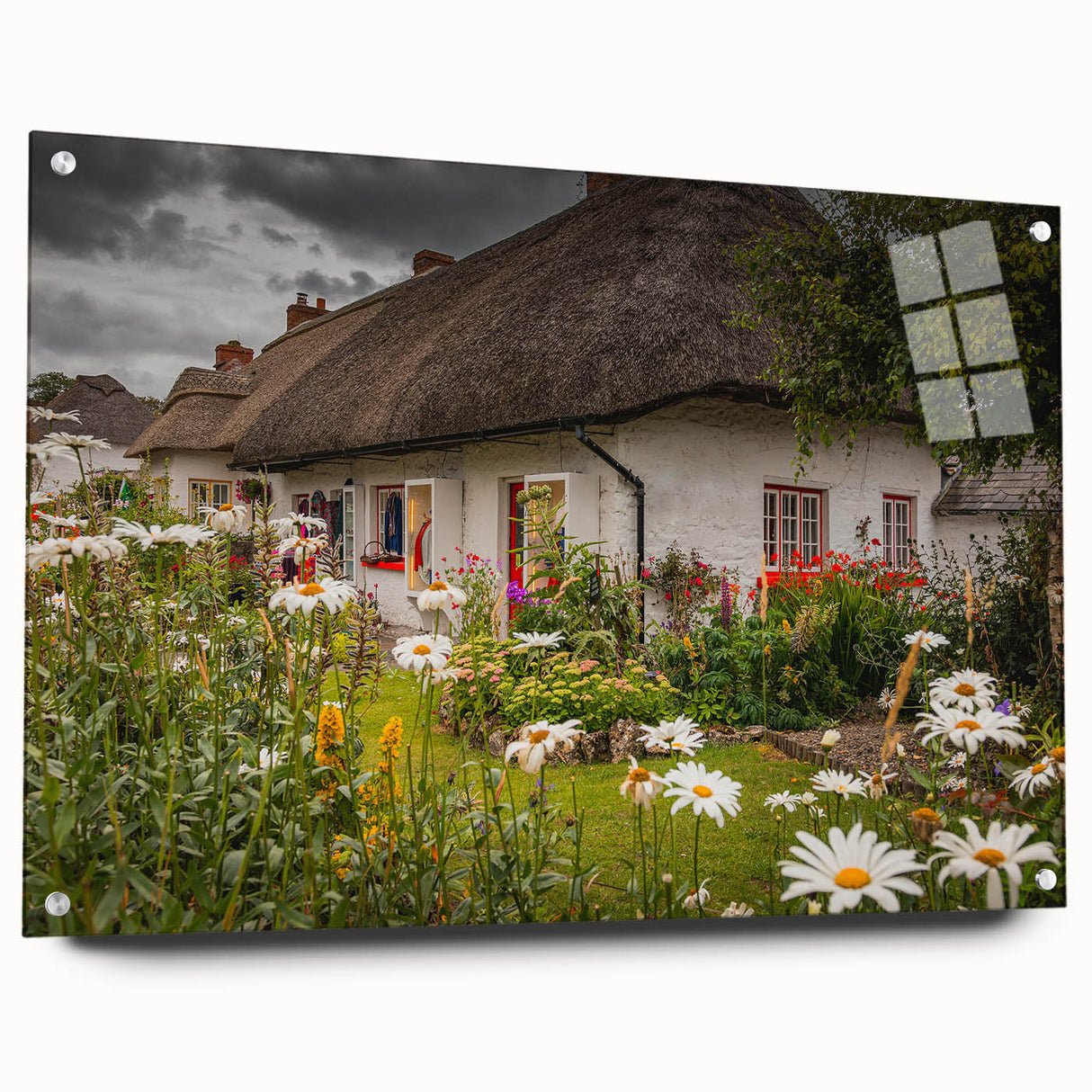 Acrylic print of a misty Irish landscape in muted green and blue tones, ideal for dining room decor.