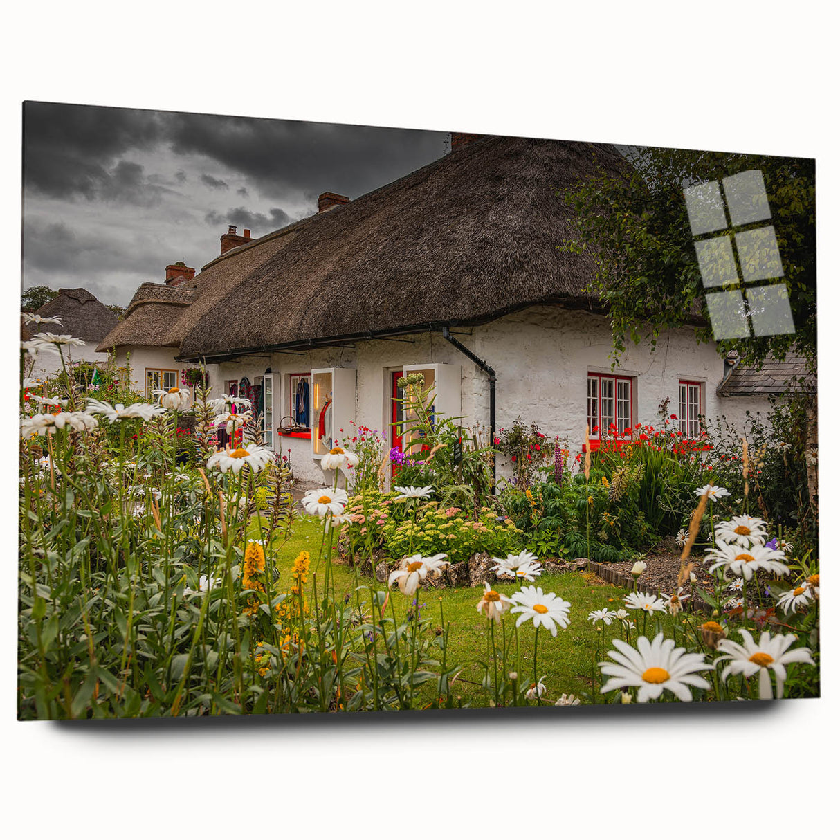 Large abstract wall art of a serene Irish landscape in muted green and blue tones, acrylic print.